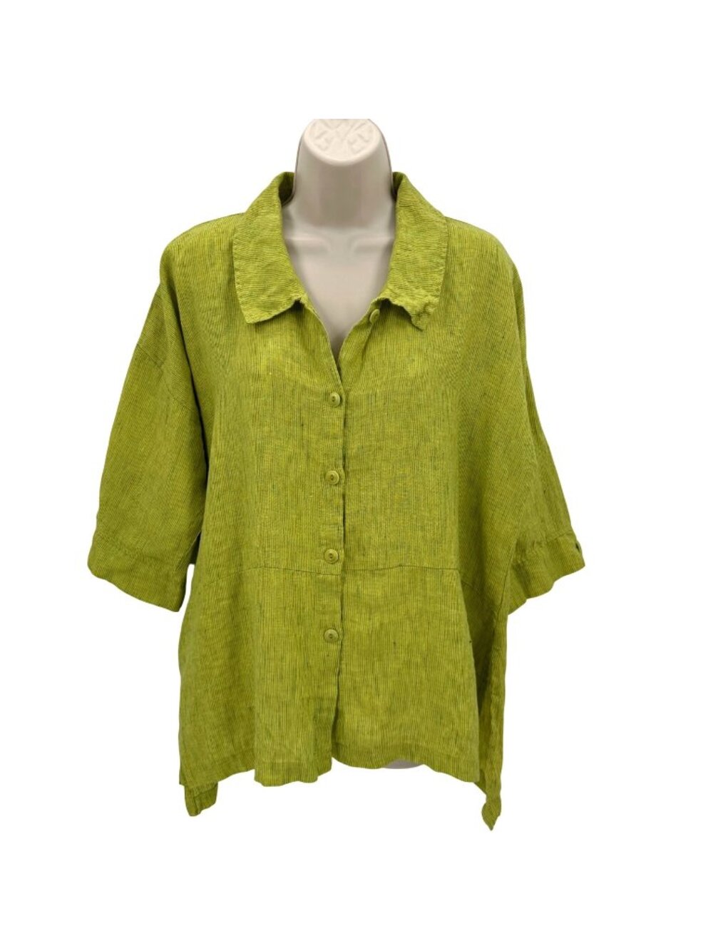NWOT Flax Womens Green Button-Up 100% Linen Collared 3/4 Sleeve Tunic Shirt S